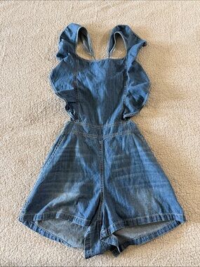 DO+BE 100% Cotton Denim Ruffle-Strap Romper in Blue Small